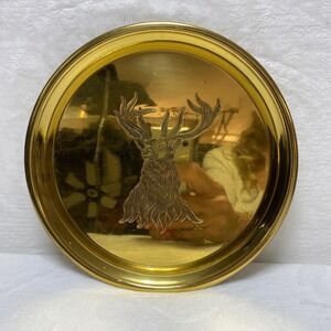 Vintage Brass Tray with Engraved Stag Deer Head‎ Rustic Woodland Decor